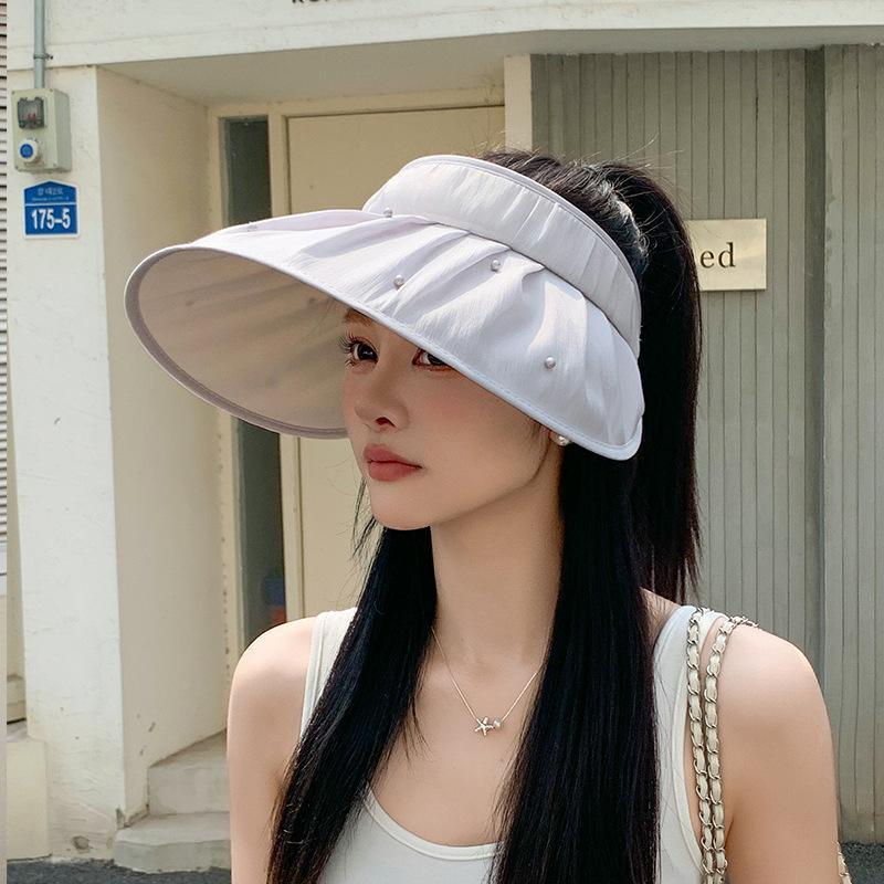 Summer sunscreen hat women's outdoor travel versatile fashion empty top hat pearl pleated big brim sun hat