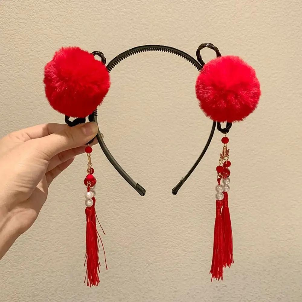 Flower Children Wig Headband Braid Hair Tang Suit Hair Hoop Chinese New Year Headwear Ancient Style Tassel Red Bow Hairband Baby