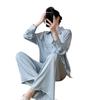 1011 new pajamas women's spring and autumn ice silk long-sleeved large-size suit summer solid color high-end wide-leg pants loungewear