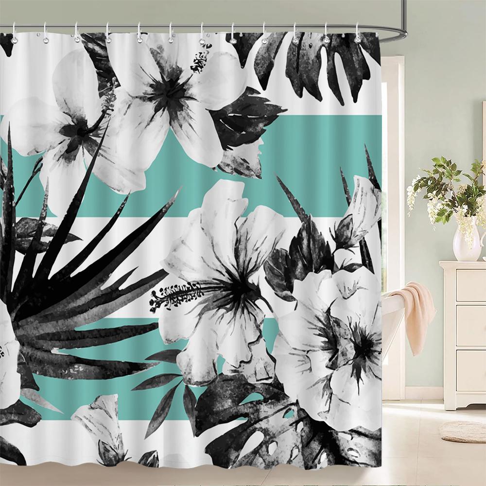 1 Pack of Watercolor Flower Plant Pattern Polyester Shower Curtain Bathroom Partition Curtain with Hooks Home Decorative Curtain