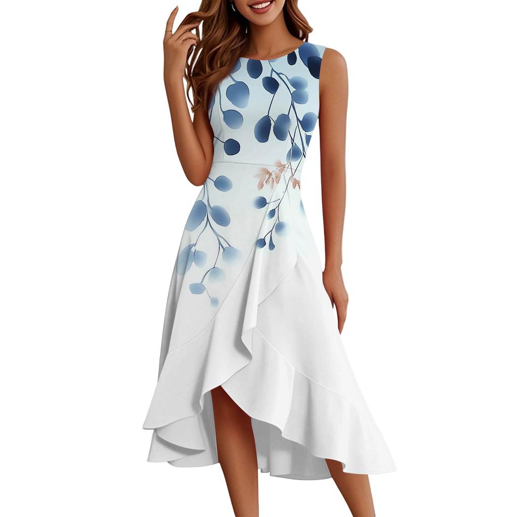 Damenmode Lässig Reißverschluss Ärmellos Rundhals Bedruckt Elegant Temperament Rüschenkleid Kleider