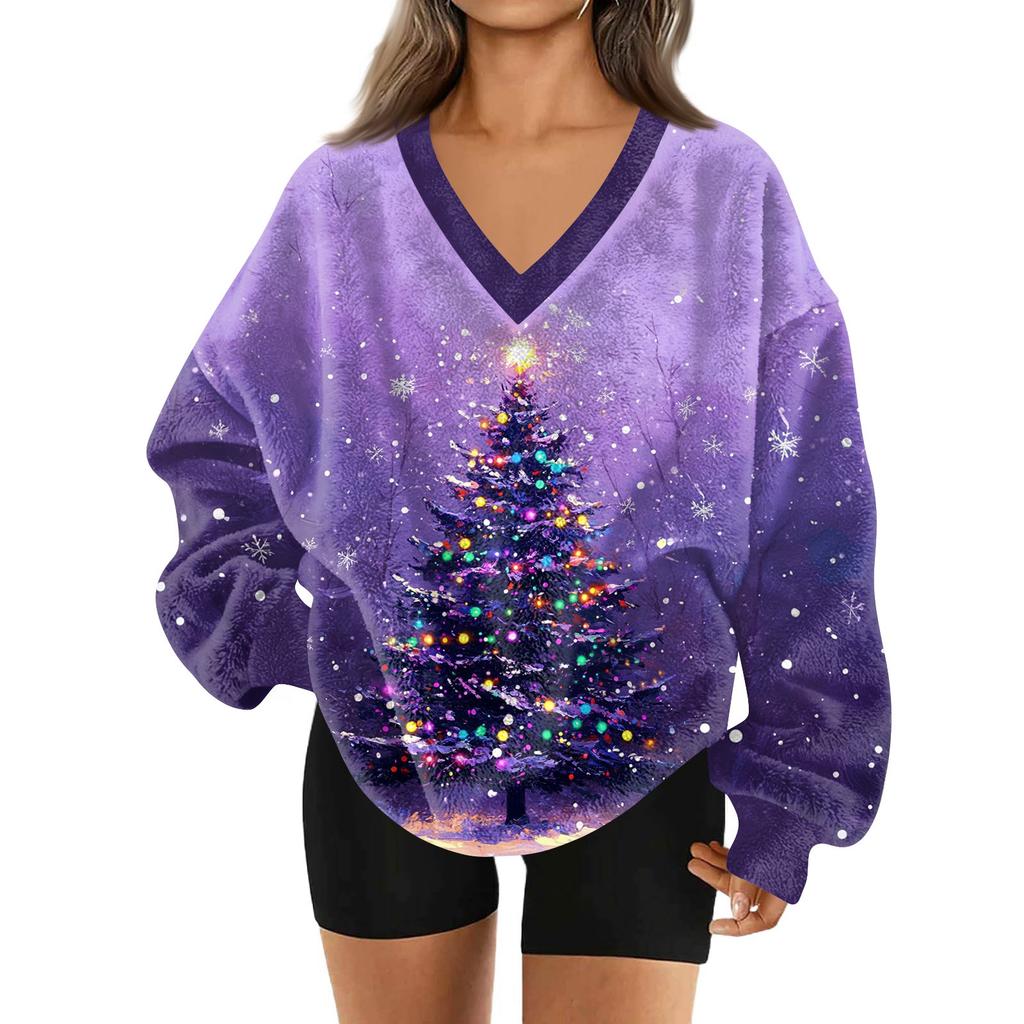 Women's Fashionable V-neck Christmas Printed Long Sleeved Casual Pullover Plush Warm Sweatshirt Top