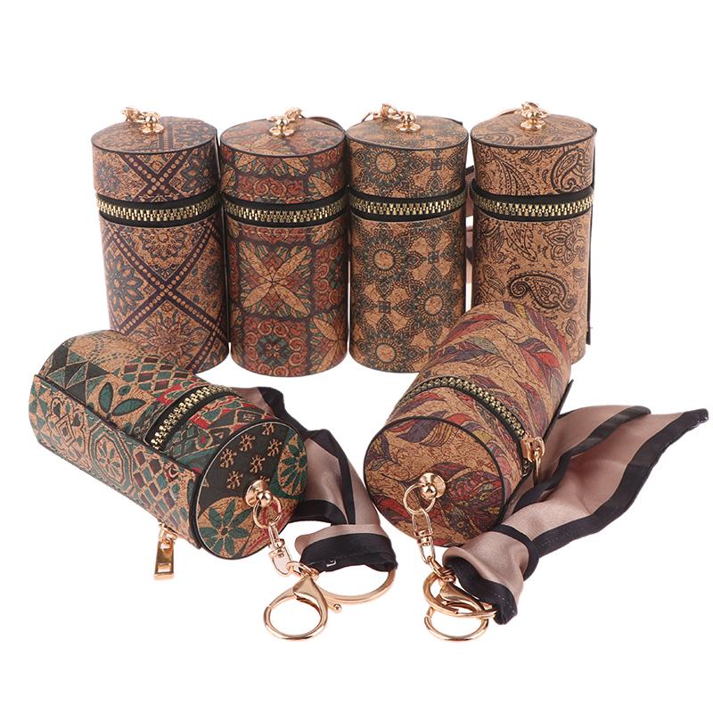 Retro Wood Grain Bucket Coin Purse Fashion Lipstick Bag Mini Storage Bag Earphone Bags Keyring Pendant For Women Girls Gift