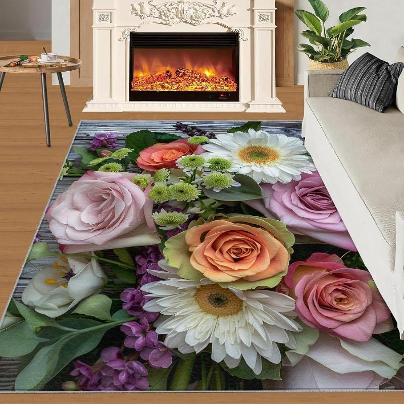 Vintage Boho Floral Area Rug Watercolor Wildflower Pattern Non-Slip Large Rug Spring Botanical Themed Floor Mat for Living Room