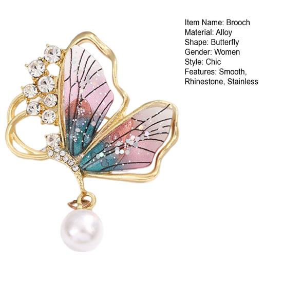 Broche Femme Forme Papillon Faux Sac Perle Acier Inoxydable Antidérapant Strass Col Manteau Chapeau Écharpe