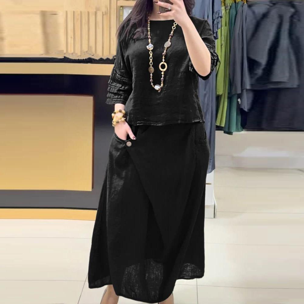 Women Two Piece Set Women's Summer Linen Outfit Set Short Sleeve Top Midi Skirt Elegant 2-Piece Lounge Set with for Ladies