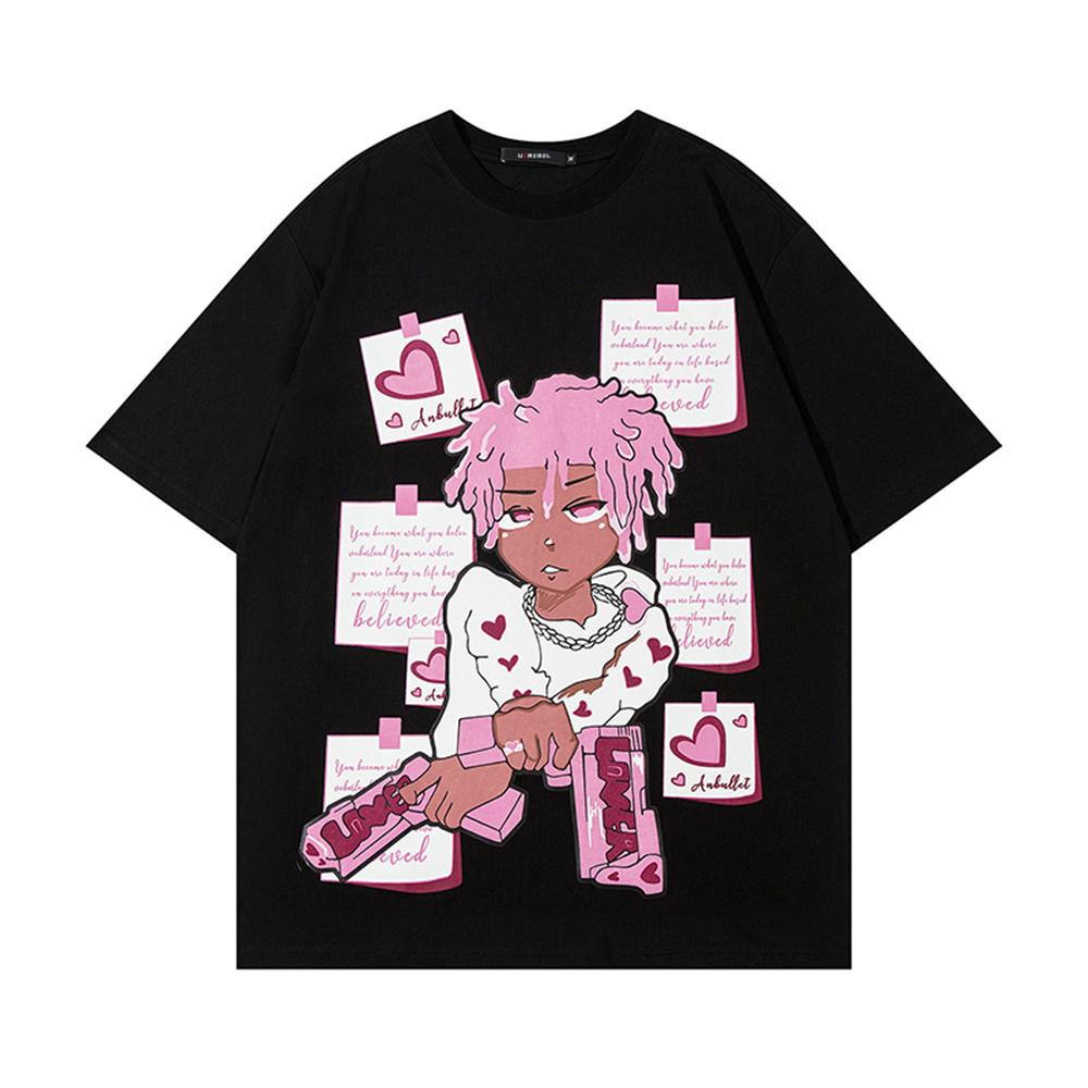 

Cartoon Print Short Sleeve Tshirt Unisexs Summer Loose Doublesided Printing Cotton Tee High Street Casual Round Neck Unisex Clothes 4XL