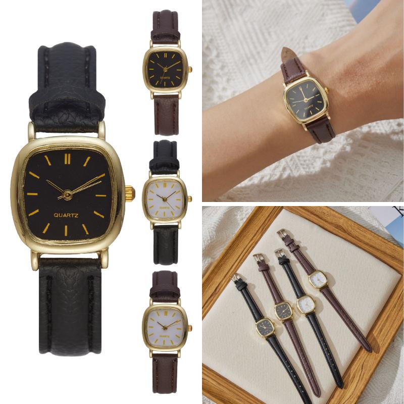 Square Minimalist Quartz Watch Women Petite Wrist Retro Synthetic Leather Strap