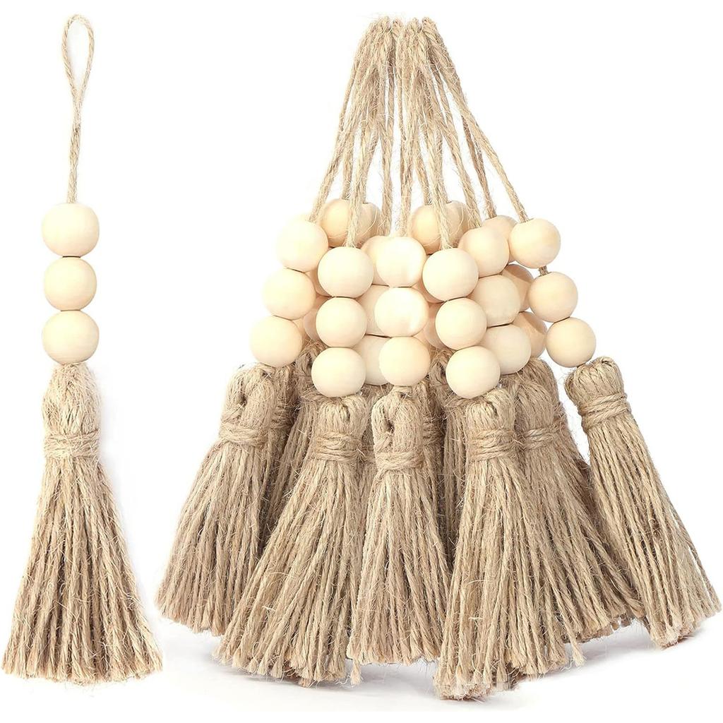 Pack of 4 Tassel Wooden Beads Garland Cotton Line Decorative Door Handle Decor Tassel Bead Pendant for Cabinet Door