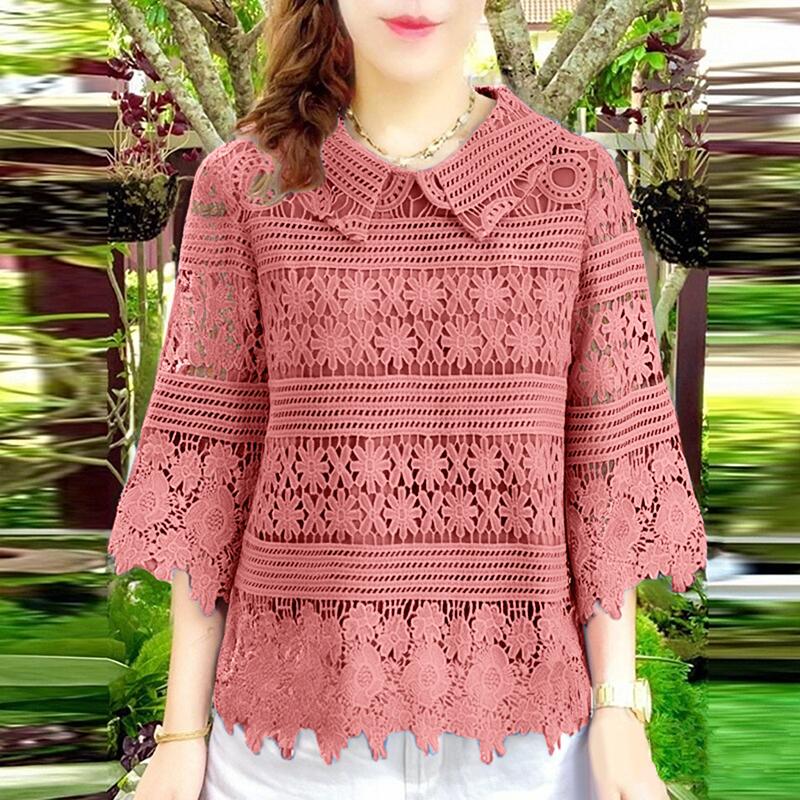 ZANZEA Womens Summer Casual 3/4 Sleeve Patchwork Embroidered Lace Blouse