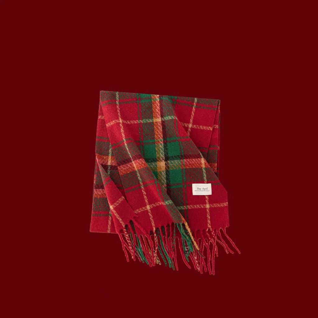 Cashmere Feel Autumn Winter New Year Plaid Scarf Korean Style Women's Faux Cashmere Ankle Red Neck Wrap Shawl Bib