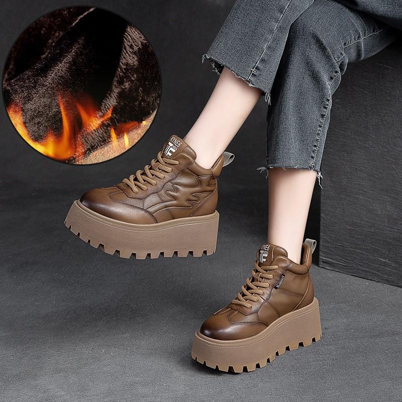 Fashion GKTINOO Loafers for Women 7cm Retro Genuine Leather Ankle Boots British Autumn Winter Plush Moccasins Rubber Soled Flats Shoes