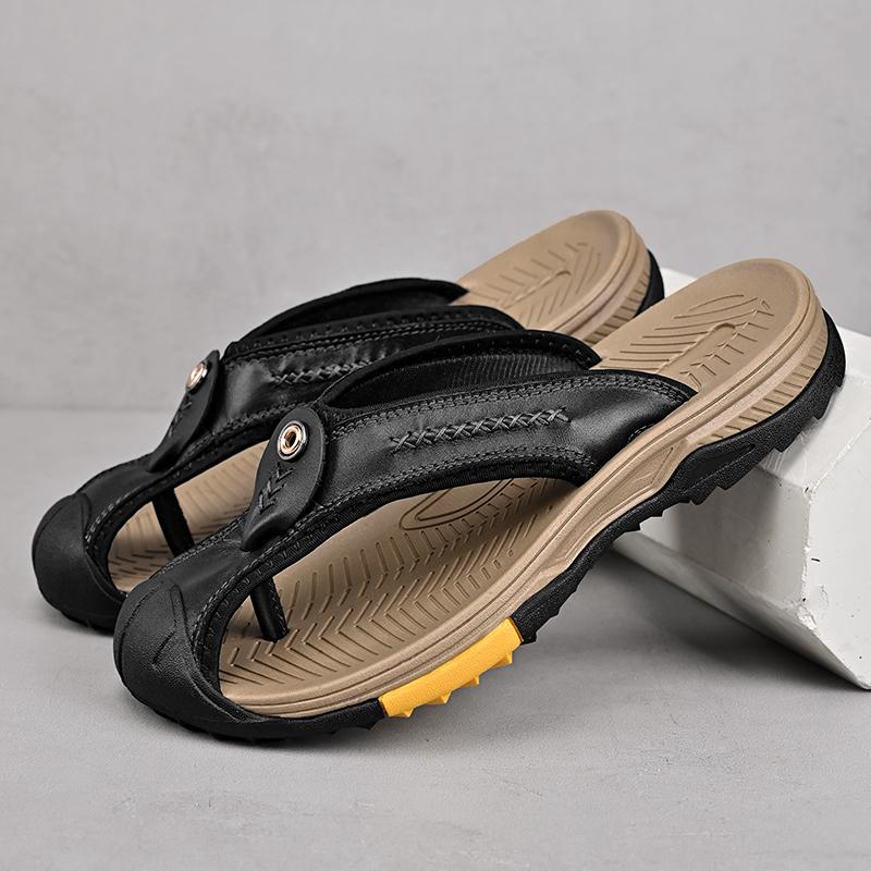 Fashion Genuine Leather Men Flip-flops Cool Beach Summer Shoes Anti-collision Toe Male Slippers Leisure Walk Non-Slip Non-Slip Half Drag