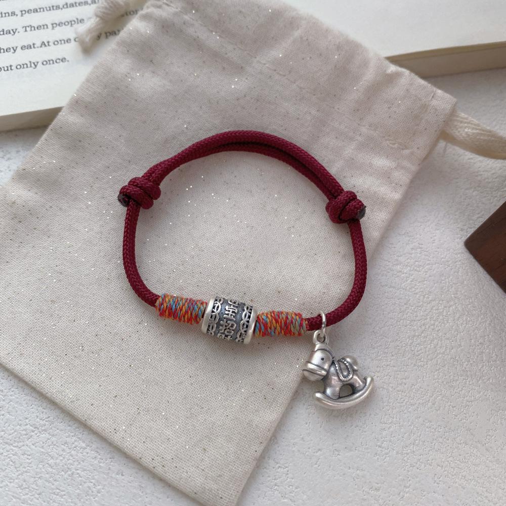 Women's S999 Sterling Silver Prosperity Wooden Horse Red String Zodiac Bracelet - New Chinese Style Handcrafted Jewelry