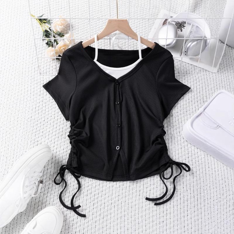 

Однотонная поддельная футболка из двух частей с завязками на шее и короткими рукавами, женские топы XL