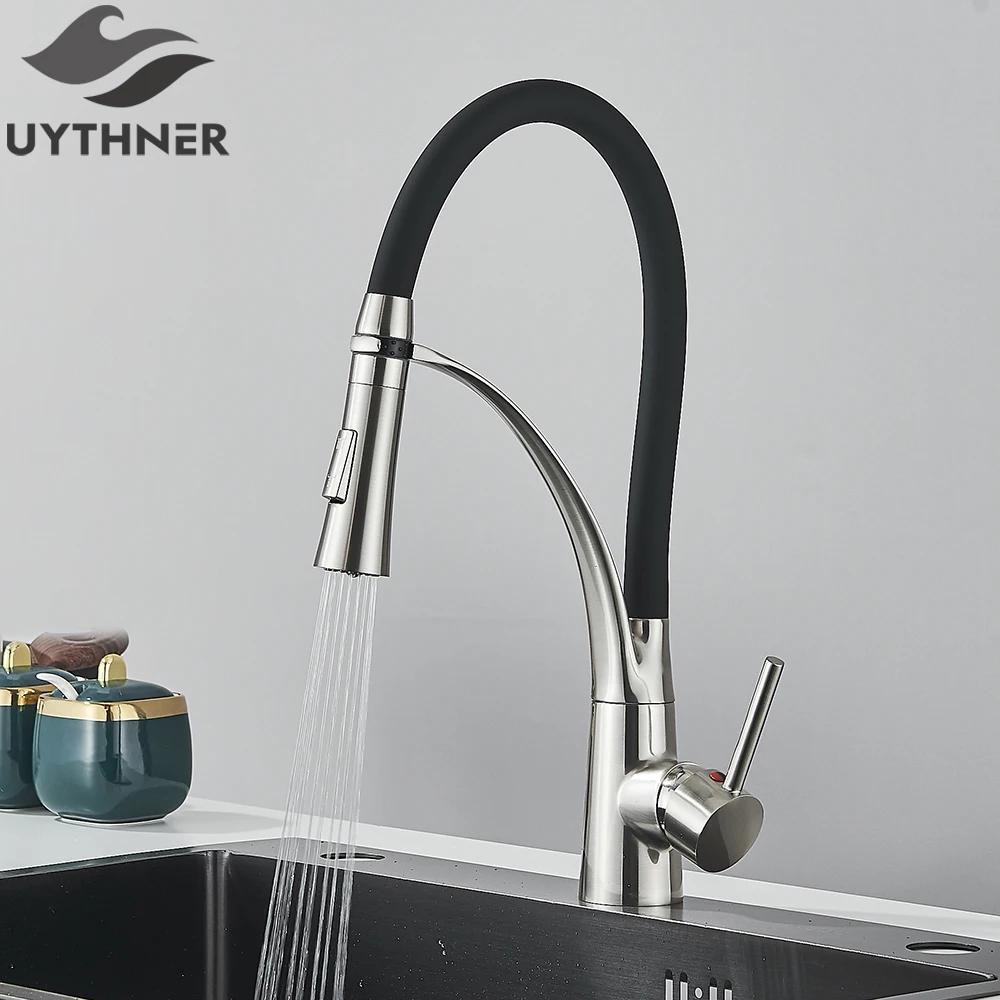 Chrome Rubber Kitchen Faucet Mixer Tap Rotation Pull Down Stream Sprayer Taps Hot Cold Water Tap One Handle Kitchen Tap