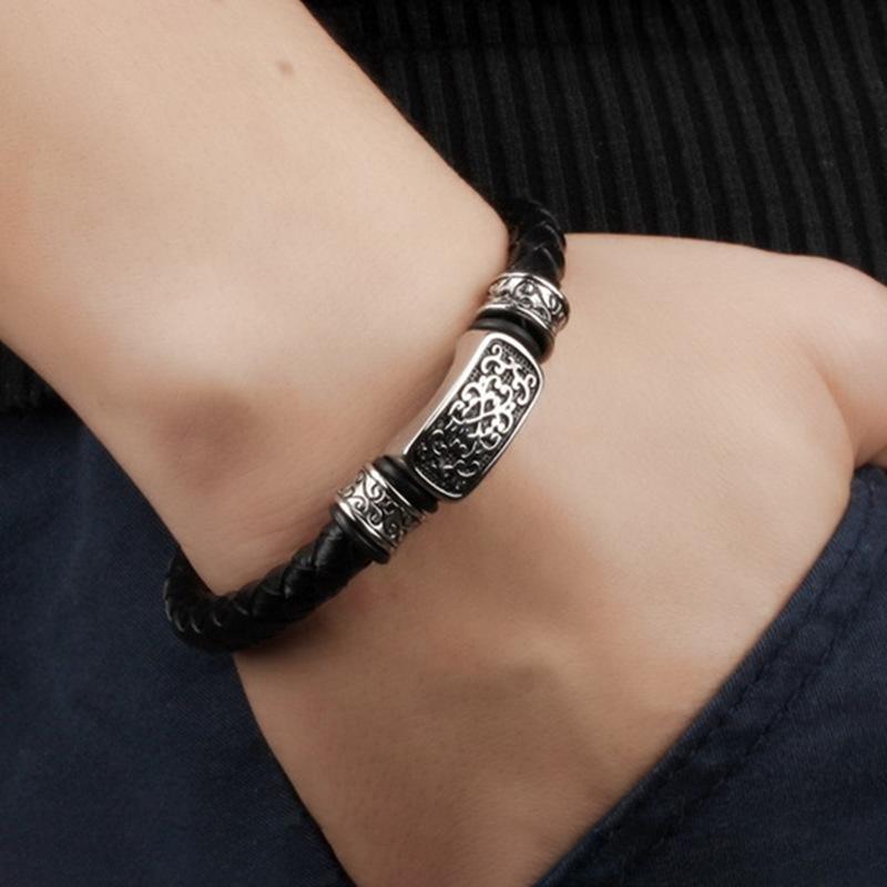 New Fashionable Personalized Trendy Casting Retro Pattern Splicing Braided Leather Rope Magnetic Buckle Bracelet Mens Jewelry