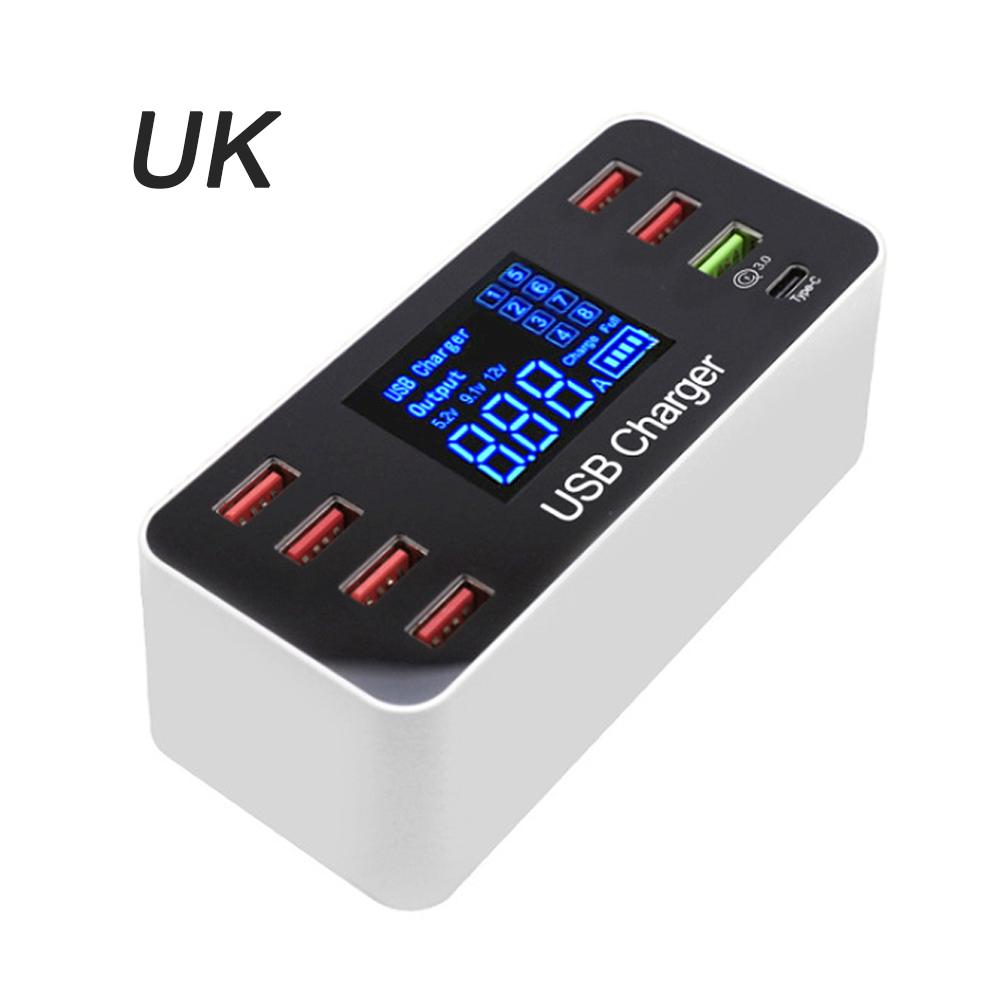 

8-портовое USB-зарядное устройство QC3.0, быстрая зарядка типа C, интеллектуальная зарядная станция, ЖК-цифровой дисплей, многопортовый USB-порт UK