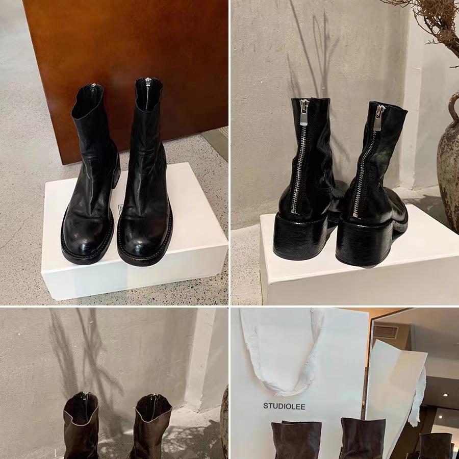 Cowhide Version Of Foreign Style Autumn And Winter Martin Boots Women'S Retro Thick Heel Knight Boots Rear Zipper High Heel Short Boots