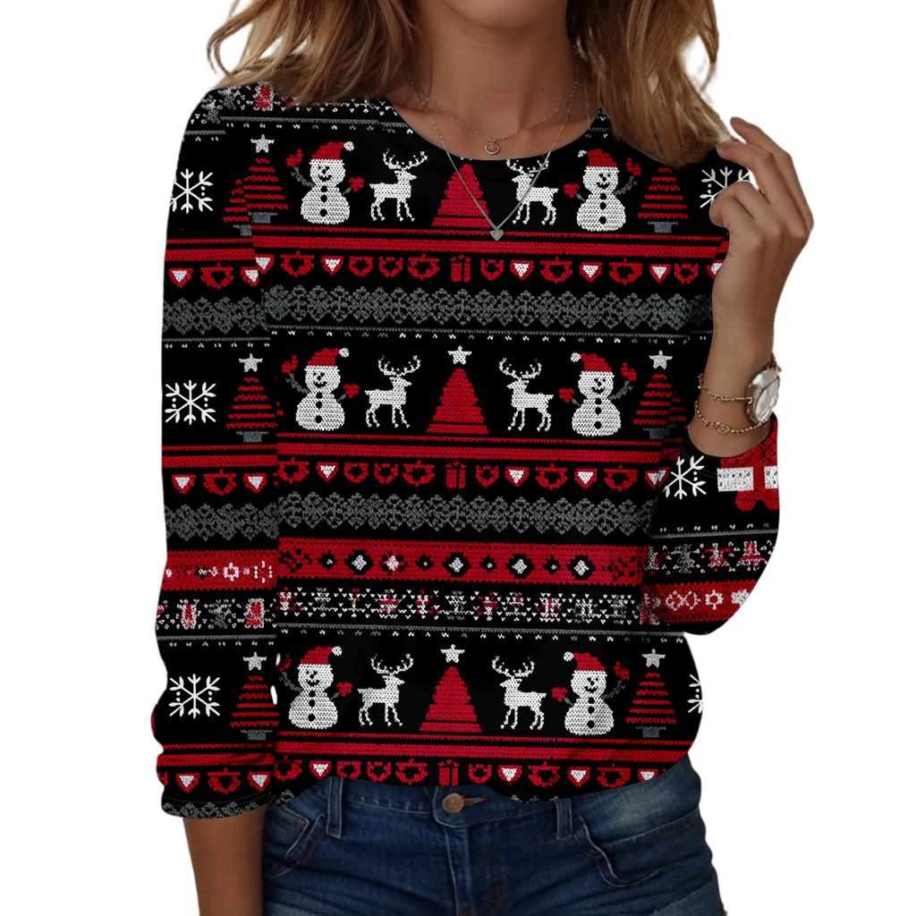 Women's Fashion Casual Long Sleeve Christmas Printed Round Neck Top