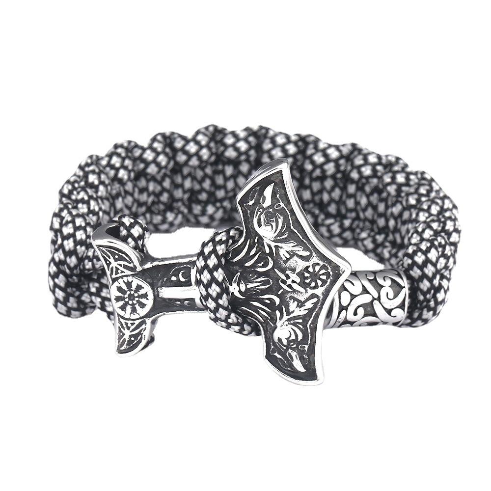 Pulsera Paracord Nórdica Vikinga de Acero Inoxidable Martillo de Thor Cuervo