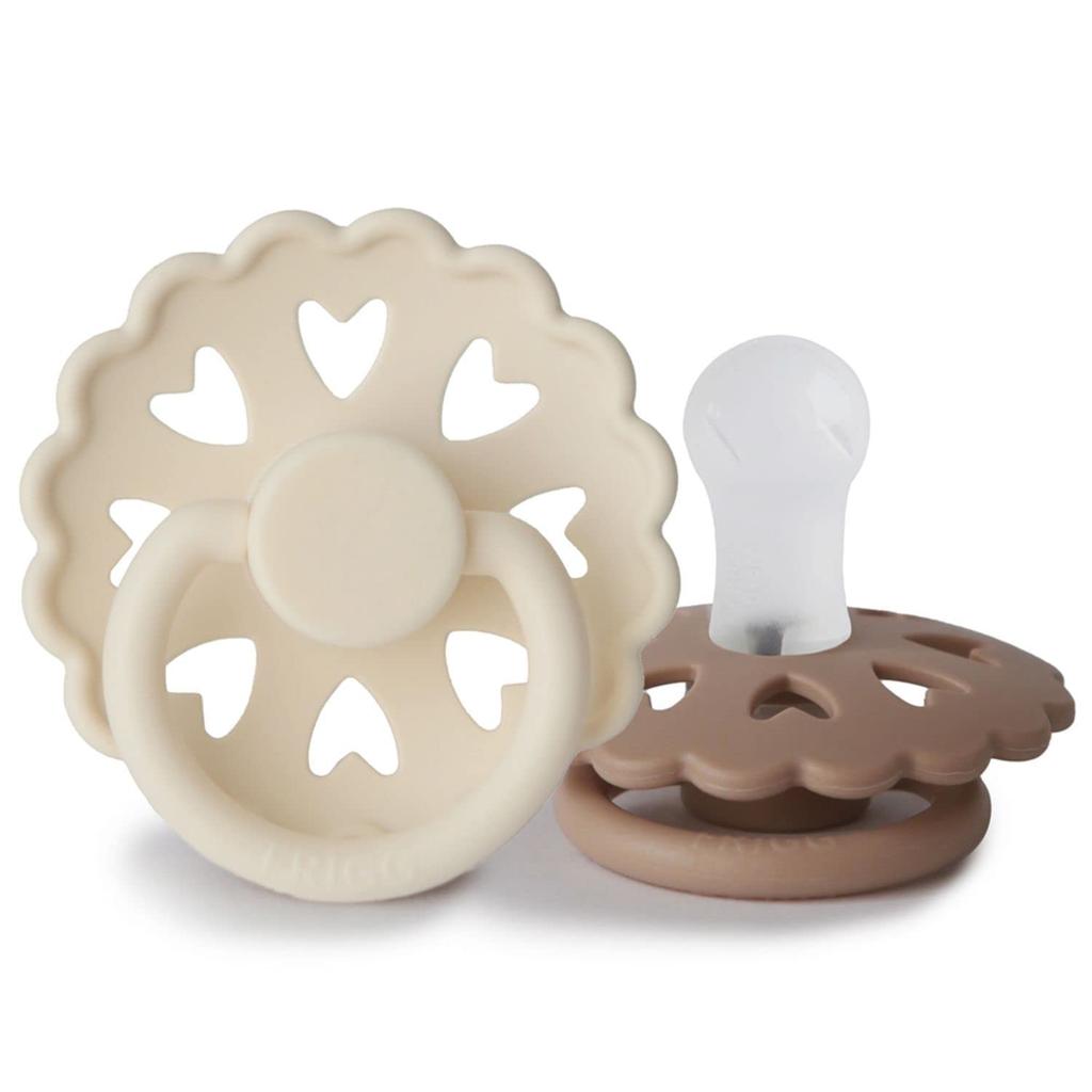 FRIGG Fairytale Silicone Pacifier (Set of 2) - Heart and Flower Shaped - Cute and Stylish Silicone Pacifier for Newborns (0-6 Months) - Cream/Silky Sa