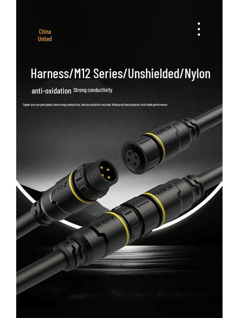 M12 Dual-Ended Overmolded Nylon Unshielded Straight Cable Harness with Solderless Sensor Connector and 12MM Aviation Plug.