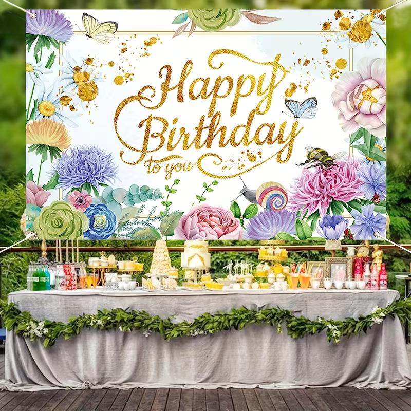 2D Spring Floral Birthday Backdrop, Gold Letter "Happy Birthday To You" Banner, Party Background Cloth