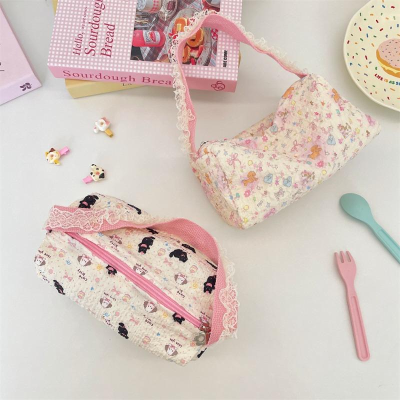 Women Vintage Floral Cosmetic Lipstick Brush Case Travel Toiletry Storage Bags Cartoon Sanitary Napkin Canvas Tote Makeup Bag