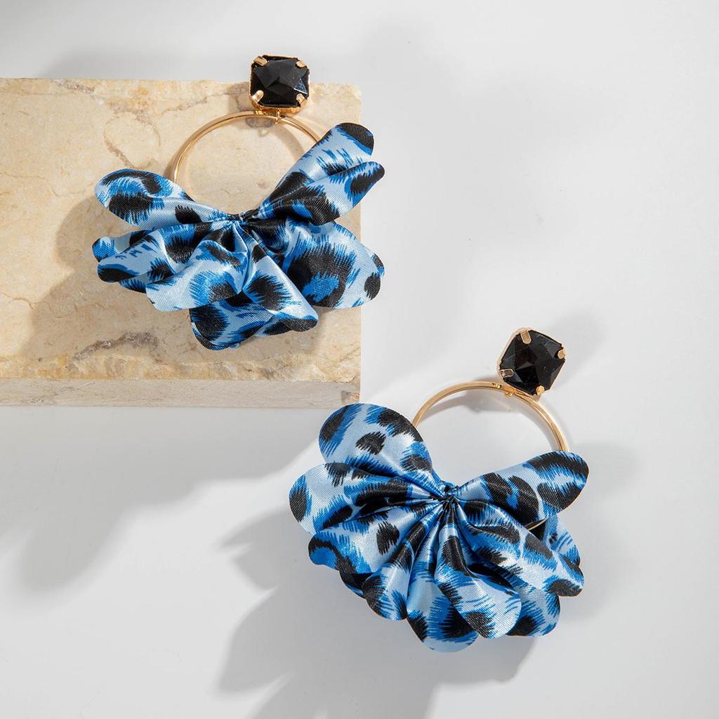 Grenzüberschreitende Mode Übertriebene Bunte Leopardenmuster Stoffohrringe Geometrische Kreisförmige Ohrringe Imitations-Edelsteinbesetzte Ohrringe für Frauen