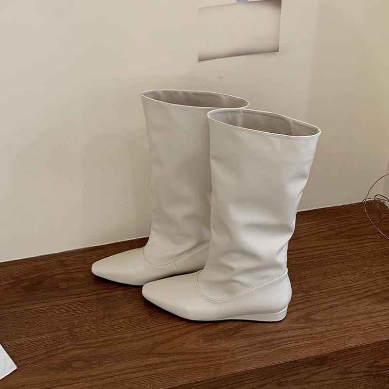 Fashion Fashion Low Heel Footwear Women Knee High Western Boots Wedges Shoes Pointed Toe Ladies Modern Boots Female Slip On Shoes