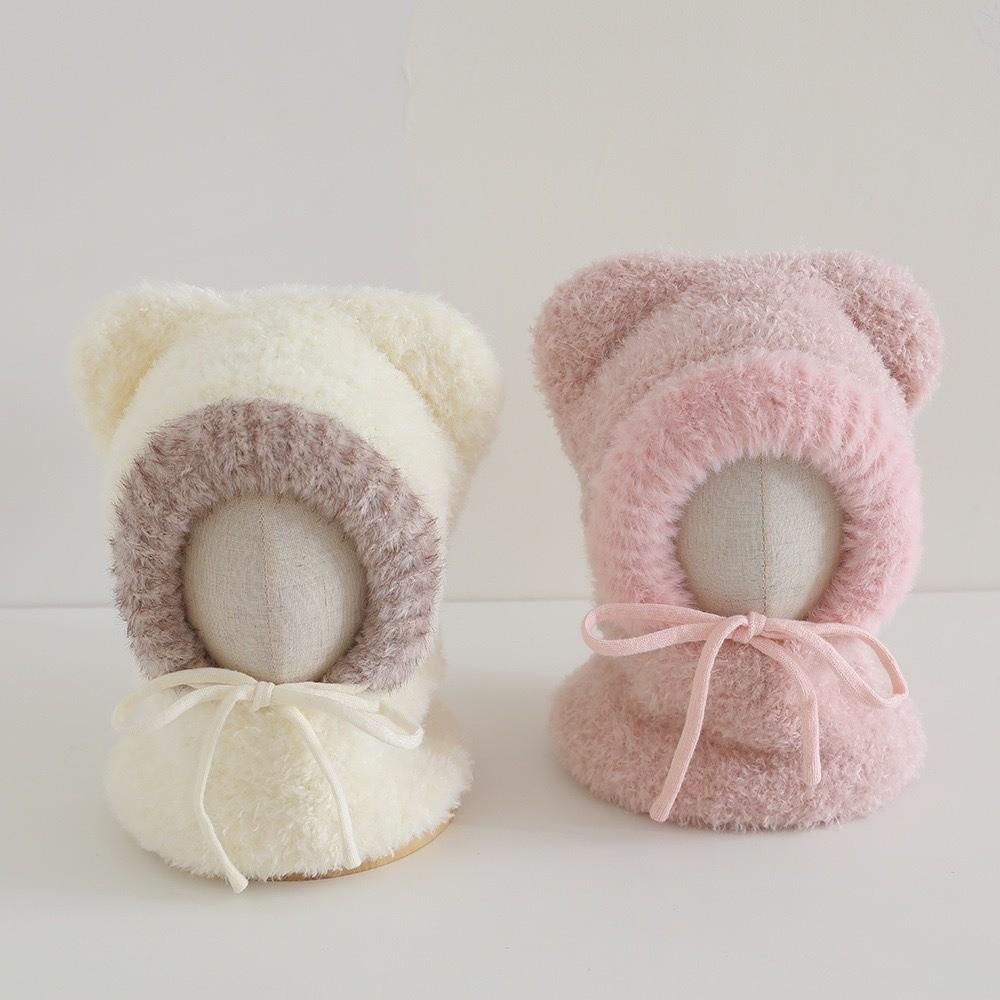 Fluffy Hooded Scarf Hat Knitted Neck Warmer Hat Dog Ear Cap Kids Winter Beanie  Skiing