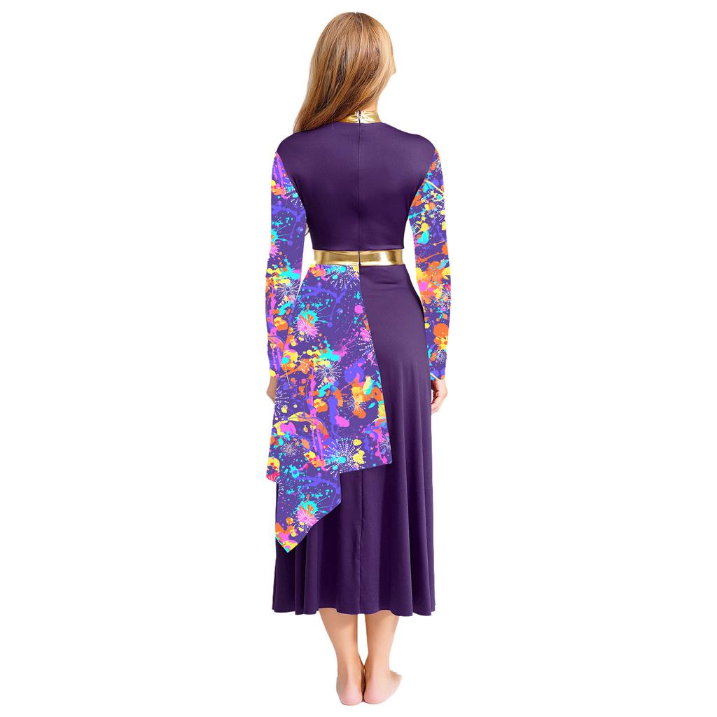 Womens Praise Dance Dress Mock Neck Long Sleeve Tunic Design High Waist Asymmetrical Hem Lyrical Costume