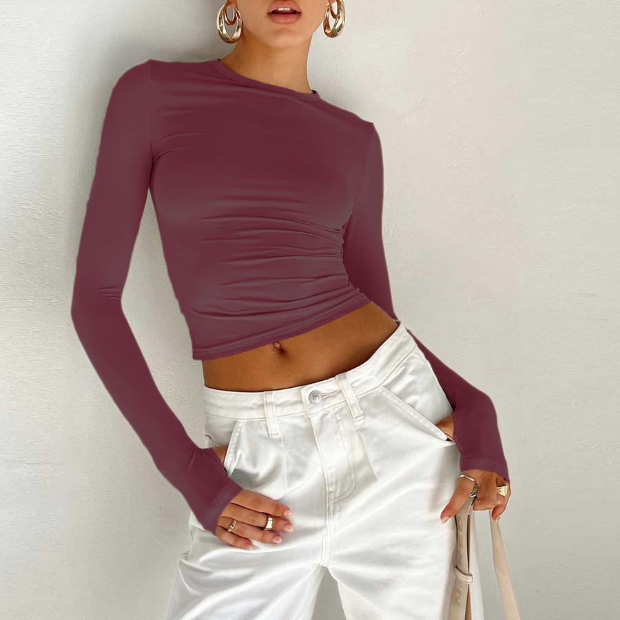Women's Spring Casual T-Shirt Fashion Slim Fit Solid Color Crew Neck Undershirt Top for Women