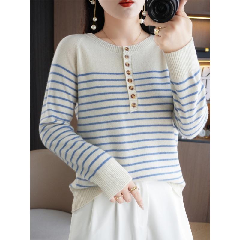 Autumn and Winter New Striped Crew Neck Buckle Women's Long-sleeved Knitted Sweater Top Contrasting Color Strip Pullover Bottoming Shirt