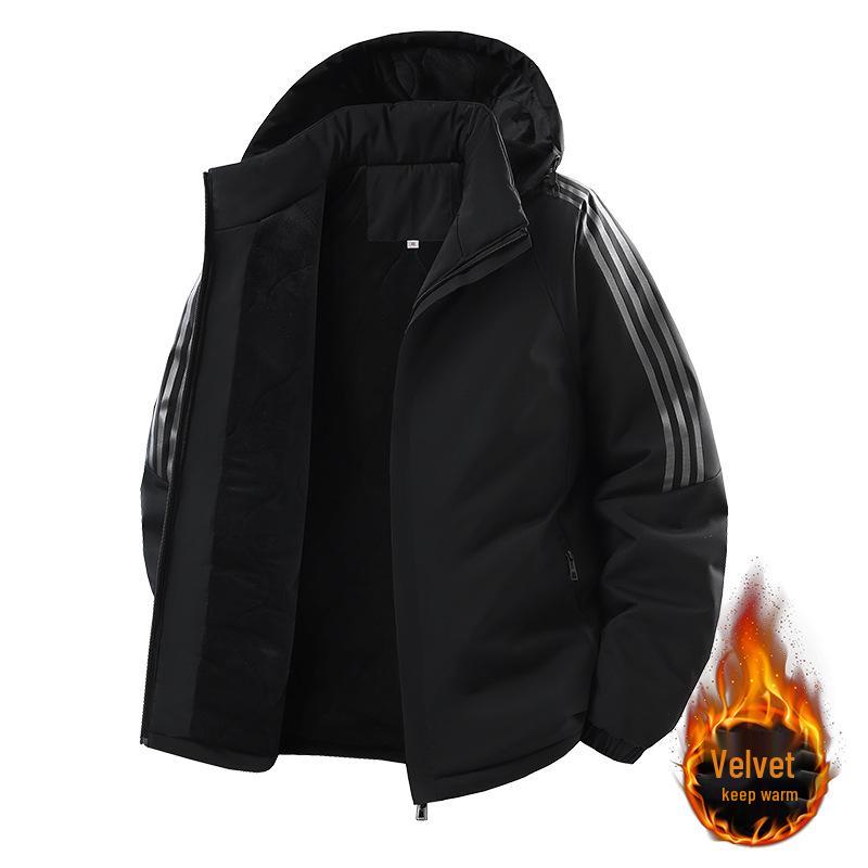 Men's Hooded Cotton Jacket - Windproof, Thickened, Three Stripes, Plus Velvet, Large Size Outerwear for 2025 Autumn/Winter.