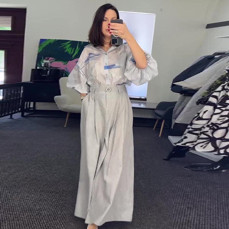 2024 Autumn Women's Puff Sleeve Shirt and High Waist Midi Skirt Two-Piece Set