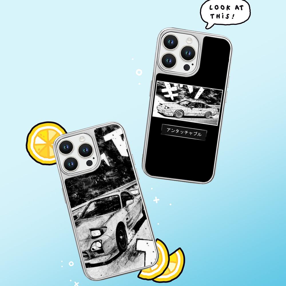 Racing Initial D Anime Sports Car Phone Case for iPhone 16 15 14 13 12 11 Pro Max Sheepskin Silver-edged Protective Case