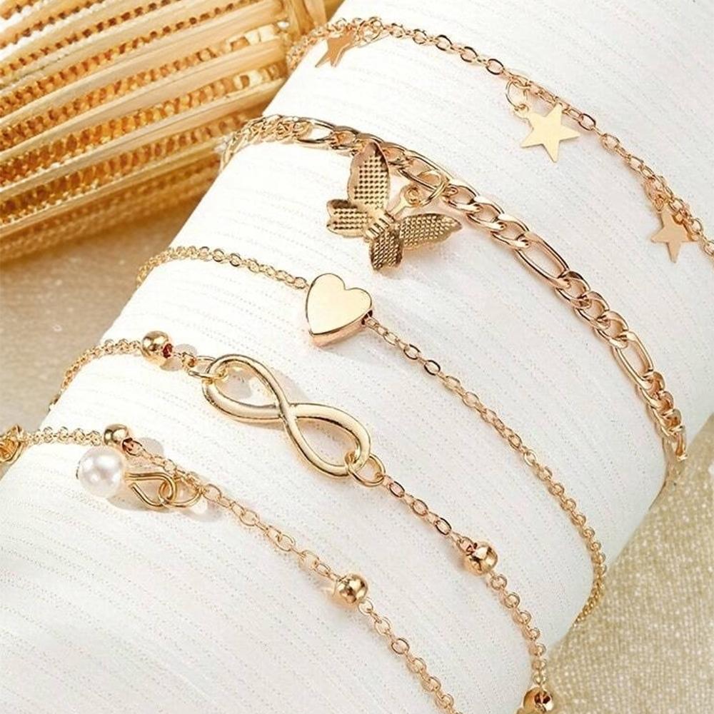 Butterfly Star Heart shaped Pendant Ankle Set Bohemian Vintage Pearl Pendant Foot Bracelet Beach Women's Zircon