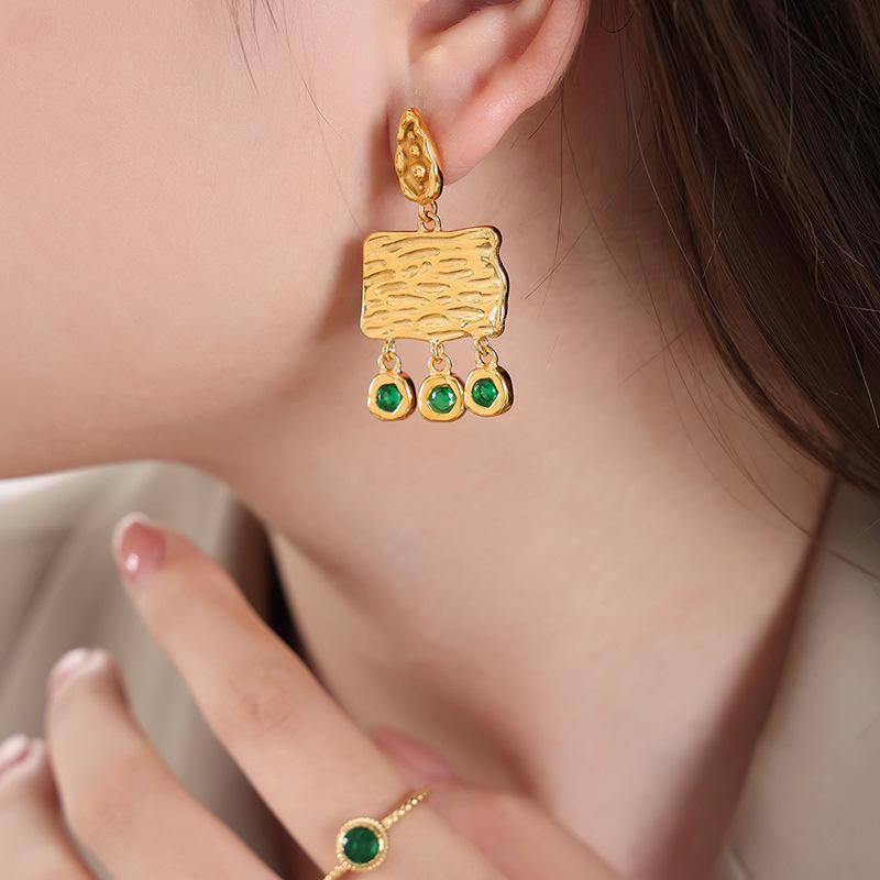 Mechanism-Inspired Zircon Square Plate Earrings, Titanium Steel, 18K Gold, Non-Fading, Personalized Statement Ear Jewelry