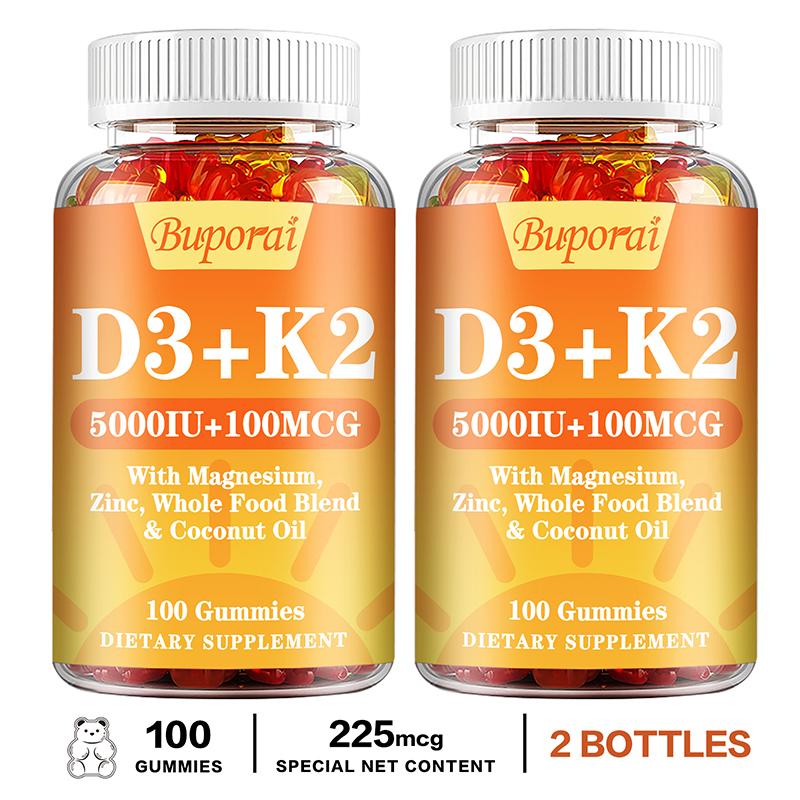Vitamin D3 and K2 Gummies, Containing Natural Coconut Oil, Plant-based Two-in-one Formula, Gentle and Easily Absorbed, Suitable for Adults.