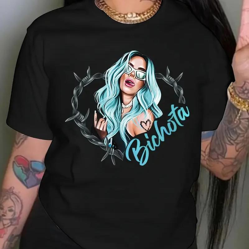 Women's Clothing Print Crew Neck T-shirt, Casual Short Sleeve Drop Shoulder Top