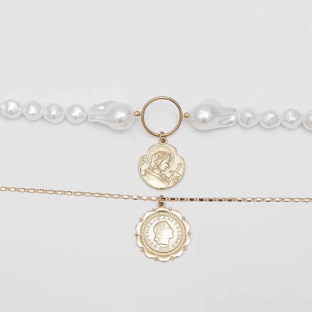 Woman Fashion Style Multi Layer Pearl Bead Retro Anaglyph Pendant Necklace