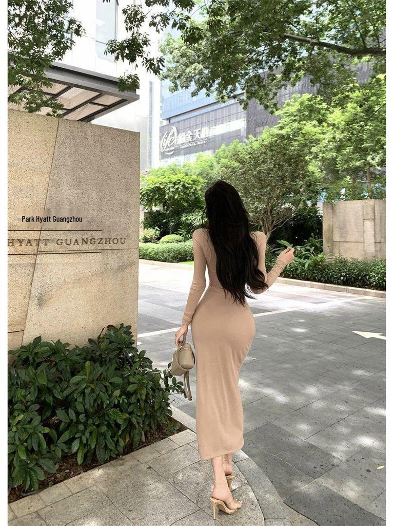 Elegant V-Neck Long-Sleeve Pleated Dress - Slim-Fit, Waist-Cinching Mid-Length Skirt for Women