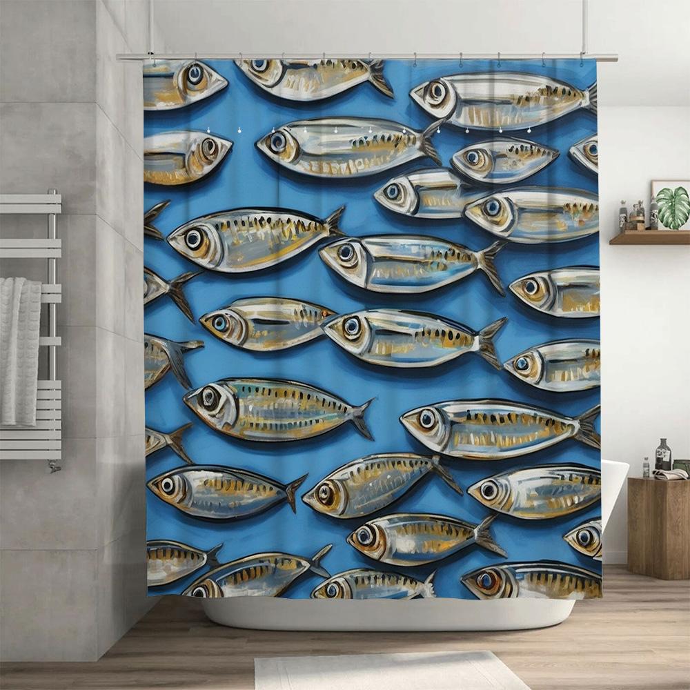 Blue Fish Print Shower Curtain Waterproof Fabric Bathroom Decoration Home Decor