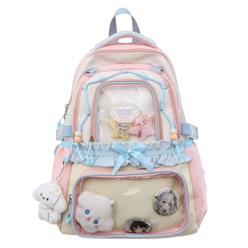 Schoolbag Japanese contrasting color bow backpack female junior high school appearance large capacity student pain bag ins transparent bar backpack