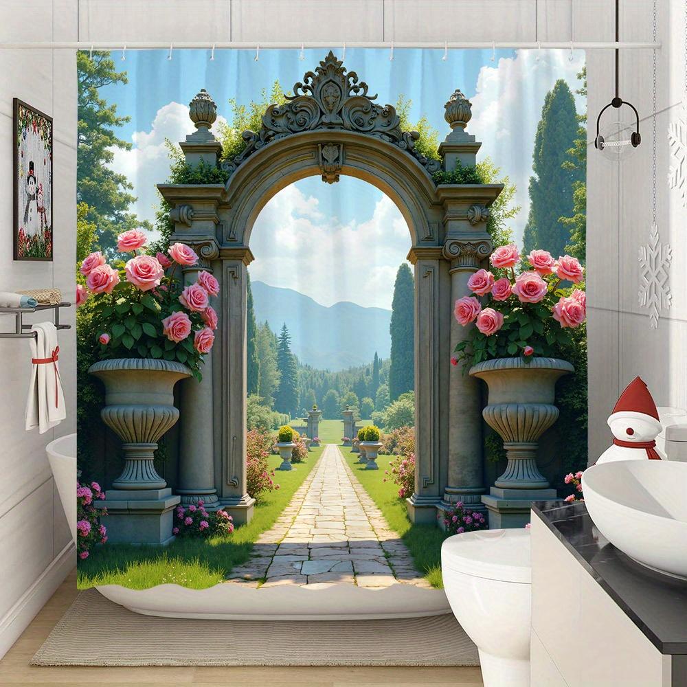 Shower Curtain: Majestic Garden Archway with Pink Roses for an Elegant and Scenic Bathroom Decor
