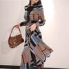Vintage Print Shirt Dresses Women Elegant Single-Breasted Long Sleeve Lapel Belt Bow Long Robe