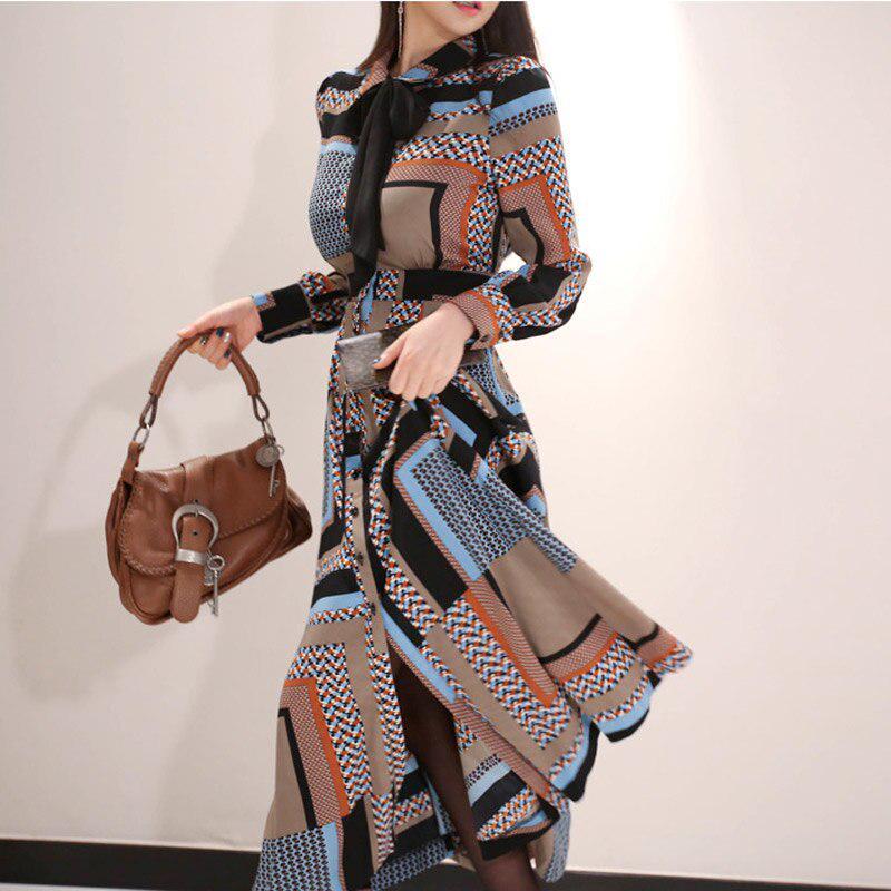 Vintage Print Shirt Dresses Women Elegant Single-Breasted Long Sleeve Lapel Belt Bow Long Robe