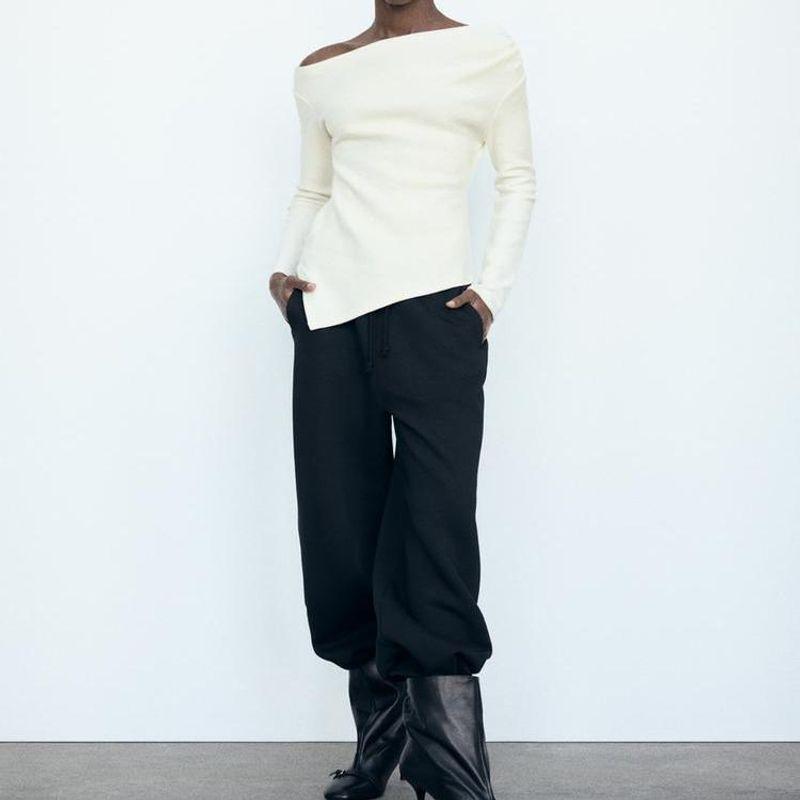 Spring New Women's Clothing Fashion Style off-Neck Multi-Color Selection Asymmetric Soft Long Sleeves Sweatshirt 4813842